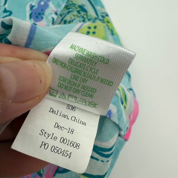 Lily Pulitzer Dress Youth Girl XL Blue Tropical Roll Tab Sleeves V Neck Collared - Picture 8 of 11